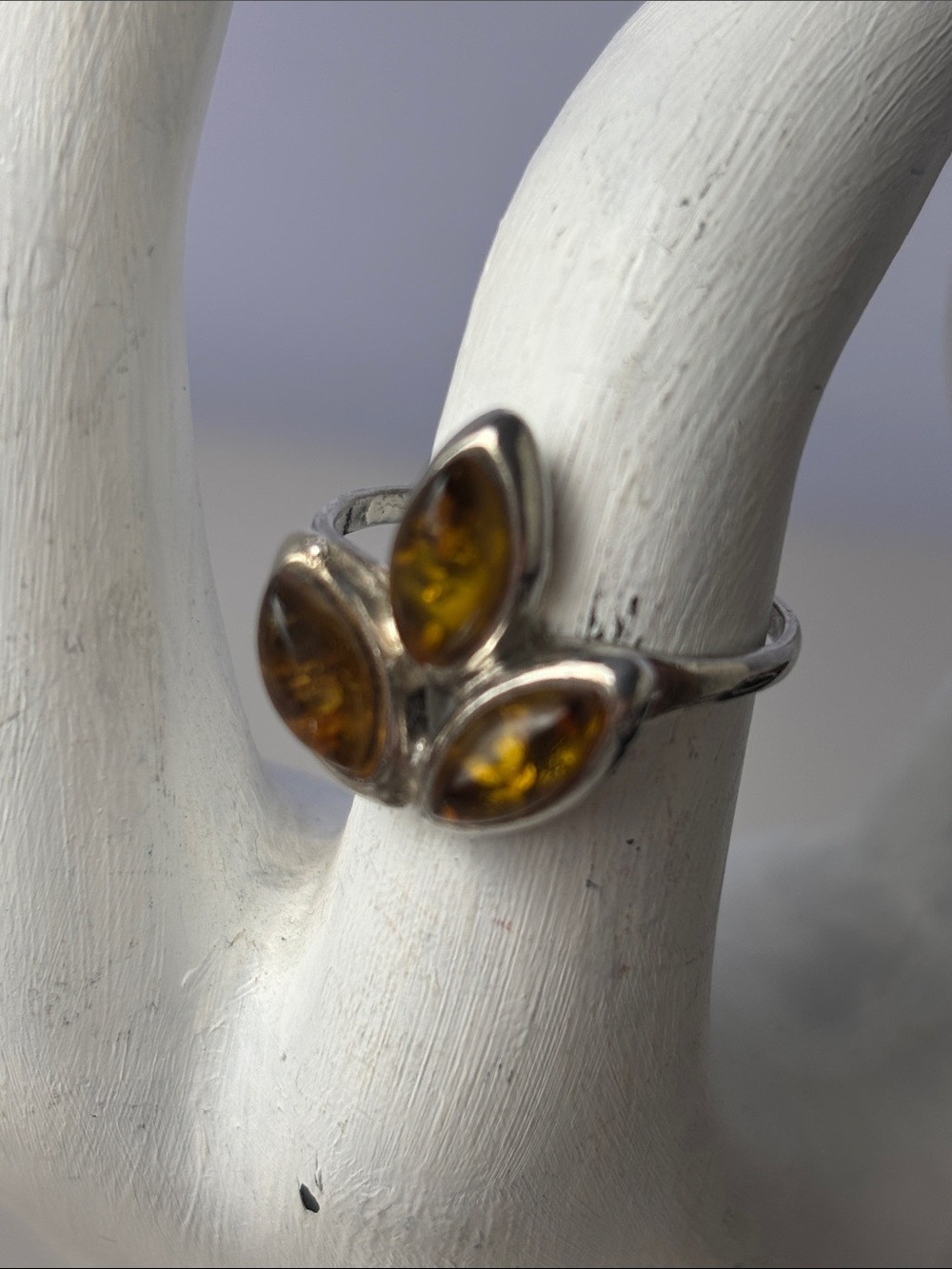 Vintage Sterling Silver Amber Marquise Trio Trefoil Ring - Yellow Baltic Amber